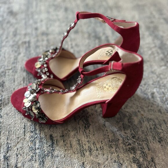Vince Camuto Red Jewel Embellished T-Strap Heels - Picture 4 of 6